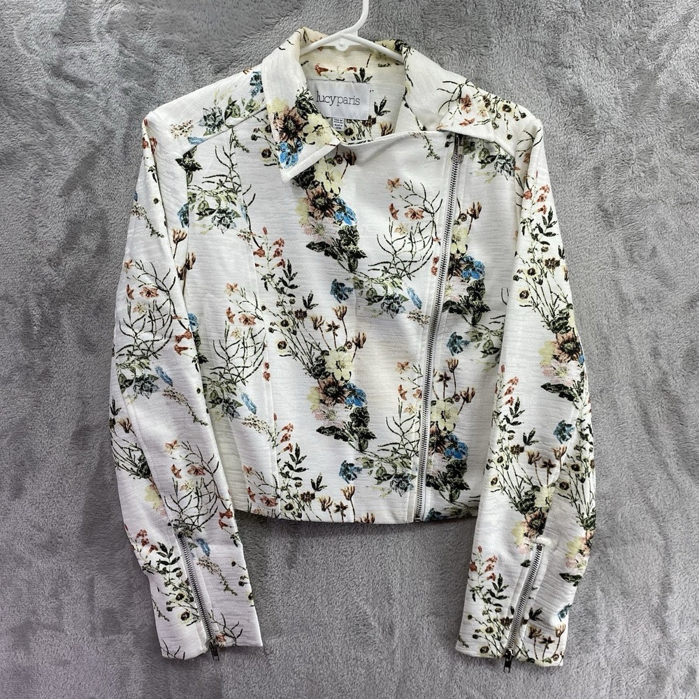 Lucy Paris White Floral Cropped Moto Jacket Women's M Asymmetric Zip